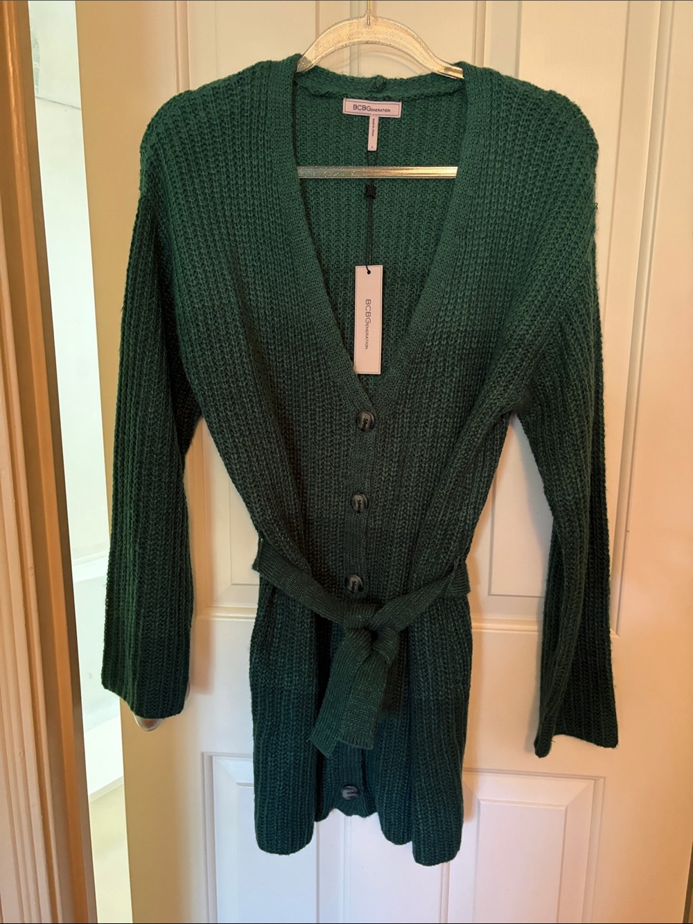 BCBGeneration Deep Green Ribbed Belted Cardigan